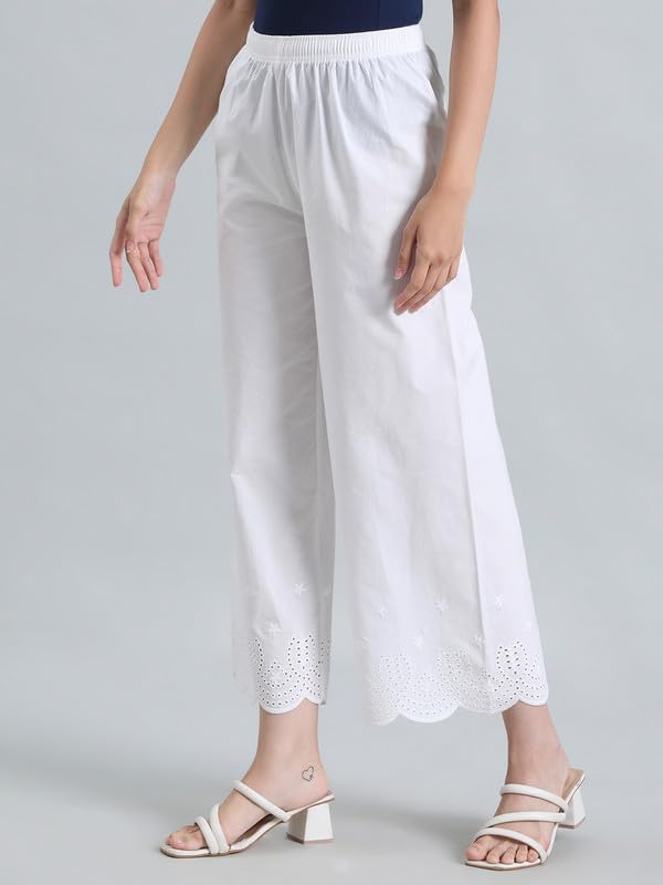 Image of GO COLORS Women's Cotton Hakoba Palazzo | Ankle Length, Schiffli Embroidery, Relaxed Fit, Mid-Rise with Side Pocket