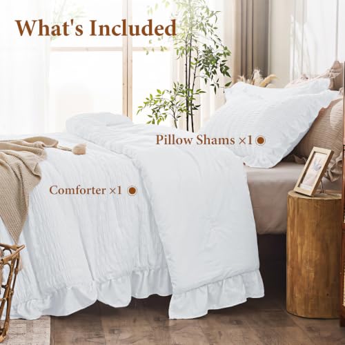 Image of JOLLYVOGUE Bright White Twin /Twin XL Comforter Set,3pcs Seersucker Bed Set | OEKO-TEX Certified, All Season, Down Alternative Fill, Lightweight Bedding Set with Ruffle Comforter & Pillowshams, Easy Care