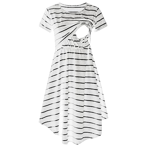 Camiseta Lactancia Invierno Vestido de lactancia de manga corta a rayas informal de maternidad para mujer, vestido de maternidad a rayas multifuncional a rayas, vestido de Vestidos De Noche (White, M)