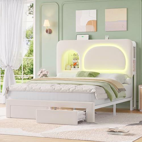 Image of Keyluv Full Size LED Bed Frame with Storage Bookcase Headboard, Charging Station, Velvet Upholstered Platform Bed with 2 Drawers & USB Ports, Sturdy Metal Support, No Box Spring Required, Beige