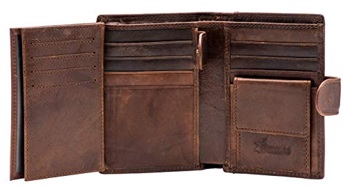 POKOFO Large RFID Genuine Leather Card Holder Trifold Wallet Snap Closure 3 ID Windows for men