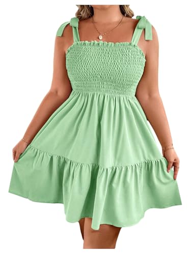 Image of Floerns Women's Plus Size Summer Knot Tie Shoulder Ruffle Straps Flounce Flowy Smocked Sundress Shorts Dress