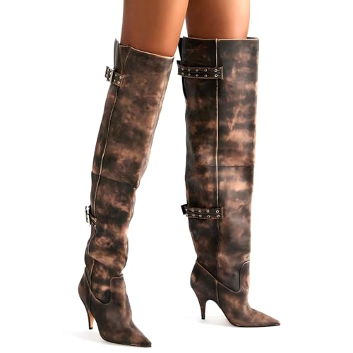 Over the Knee Boots Wide Calf Boots for Women Pointed Toe Western Cowgirl Thigh High Boots Pull on Stiletto Heels Conerts Party Shoes4