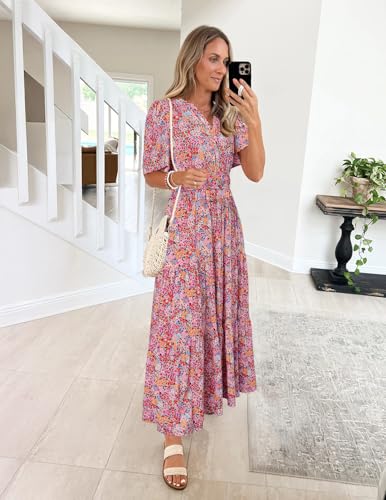Image of ZESICA Women's 2026 Summer Spring Floral Boho Maxi Dresses Casual Short Sleeve V Neck A Line Flowy Beach Vacation Dress