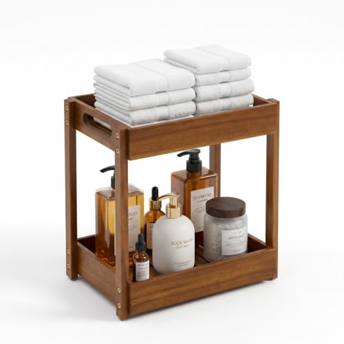 BEEFURNI 2-Tier Corner Standing Acacia Wood Shower Caddy Organizer