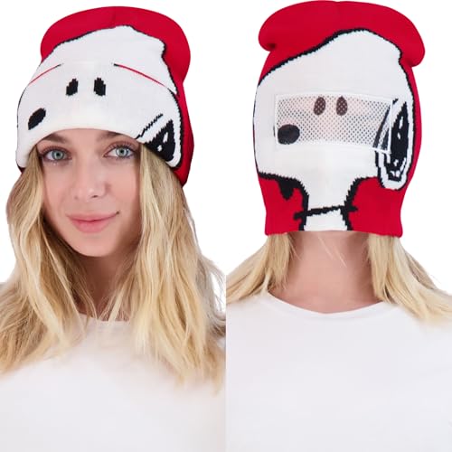 Peanuts Snoopy Beanie Hat, Knit Roll Down Cuffed Winter Cap, Red, One Size