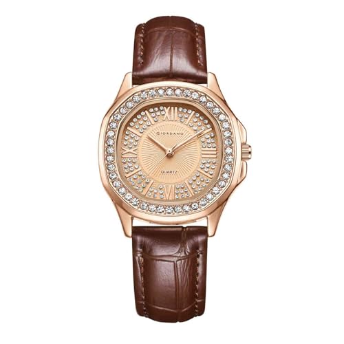 Image of Giordano Luxury Analog Watch for Women with Crystal-Studded Bezel & Leather Strap - Octagonal Case, Elegant Quartz Wristwatch