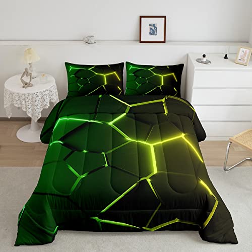 Honeycomb Comforter Green Yellow Hexagonal Print Bedding Set for Kids Boys Girls Children Beehive Geometrical Comforter Set Ultra Soft Decor Reticulated Duvet Set Twin Size