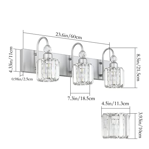 Image of Ralbay Crystal Vanity Light - 3 Light, 24'' Modern Silver Bathroom Vanity Light Fixtures Over Mirror Wall Lights