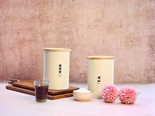 Image of JISCOVERY Airtight Tea & Sugar Container Set of 2| Metal Storage Canister with Wooden Lid for Kitchen| Storage Box for Kitchen Counter Top| 1300 ML| Beige