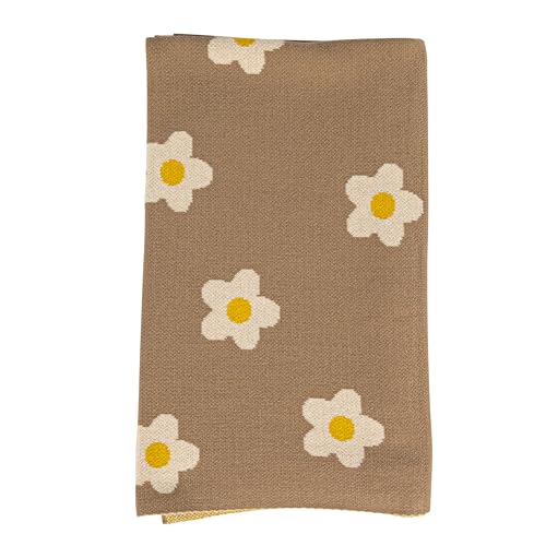Image of Creative Co-Op Cotton Knit Baby Blanket with Printed Flowers, Brown and White