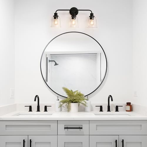 Image of KSANA Black Bathroom Vanity Light, 3 Light Bathroom Light Fixtures Over Mirror, 22.8 Inch Modern Vanity Lights for Bathroom with Clear Glass Shade
