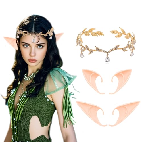 MRUVTC Tiara And Elf Ears Set,Crystal Princess Crown Headband,Renaissance Elf Headpiece Elf Tiara Fairy Headpieces Elf For Women Wedding Party,Fairy Pixie Elf Ears For Cosplay Halloween (Gold) MRUVTC Tiara And Elf Ears Set,Crystal Princess Crown Headband,Renaissance Elf Headpiece Elf Tiara Fairy Headpieces Elf For Women Wedding Party,Fairy Pixie Elf Ears For Cosplay Halloween (Gold)
