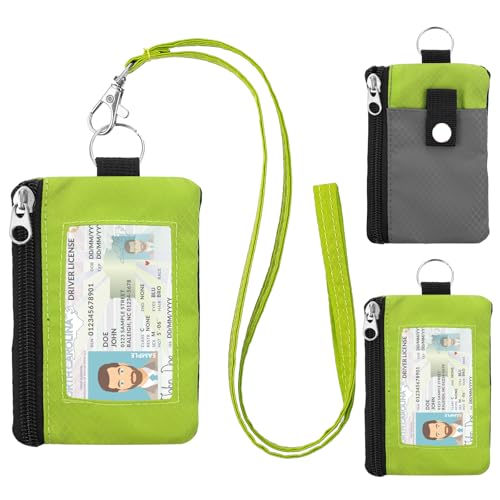 Image of Minimalist RFID Wallet with Lanyard, Multi-Functional ID Case with 2 Zipper Pockets and Key Chain for Men and Women, Tactical Badge Pouch Cards Holder, Coin Purse for Travel Sports-Gray+GN