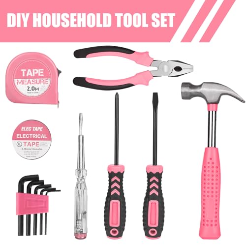 XTDMJ 12-teiliges rosa Werkzeugset, Haushalts-DIY-Werkzeugset, kleines Werkzeugset, Starter-Basic-Damen-DIY-Werkzeuge für Zuhause und Büro