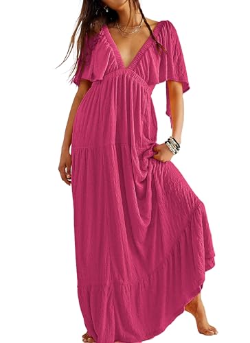 Image of Kikibell Women Summer Dresses Sexy V-Neck Maxi Dress Tiered Silhouette with Flutter Sleeve Backless Elastic Waist Flowy Dress