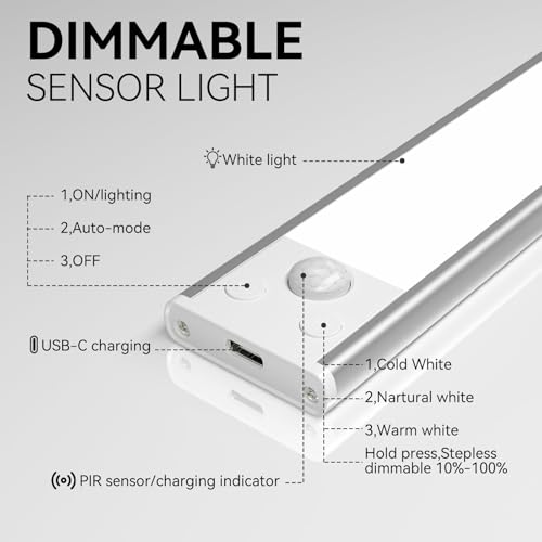 Image of Under Cabinet Lighting, 3 Color Magnetic Motion Activated Under Cabinet Lights, Rechargeable Closet Lights 1800mAh Battery Operated, Wireless Dimmable Under Counter Lights for Kitchen,Hallway 2 Pack