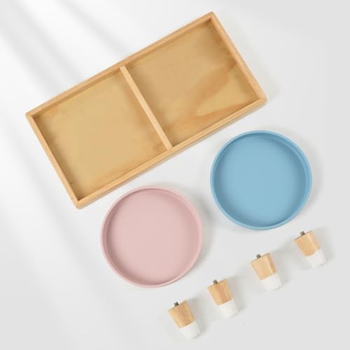 JAZUIHA Katzennapf Erhöht inkl. 2 Flache und breite Schalen, Futterstation mit Holzständer und Silikon Futternapf für Katzen D 18 cm