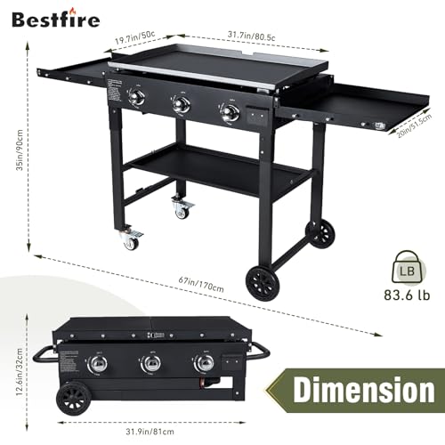 Image of BESTFIRE 3 Burner 35 inch Flat Top Grill,45,000 BTU Flat Grills Outdoor Cooking with Two Foldable Shelves,Outdoor Griddle with Porcelain-Enameled Cast Iron Grate & Pan for Kitchen,BBQ& Camping