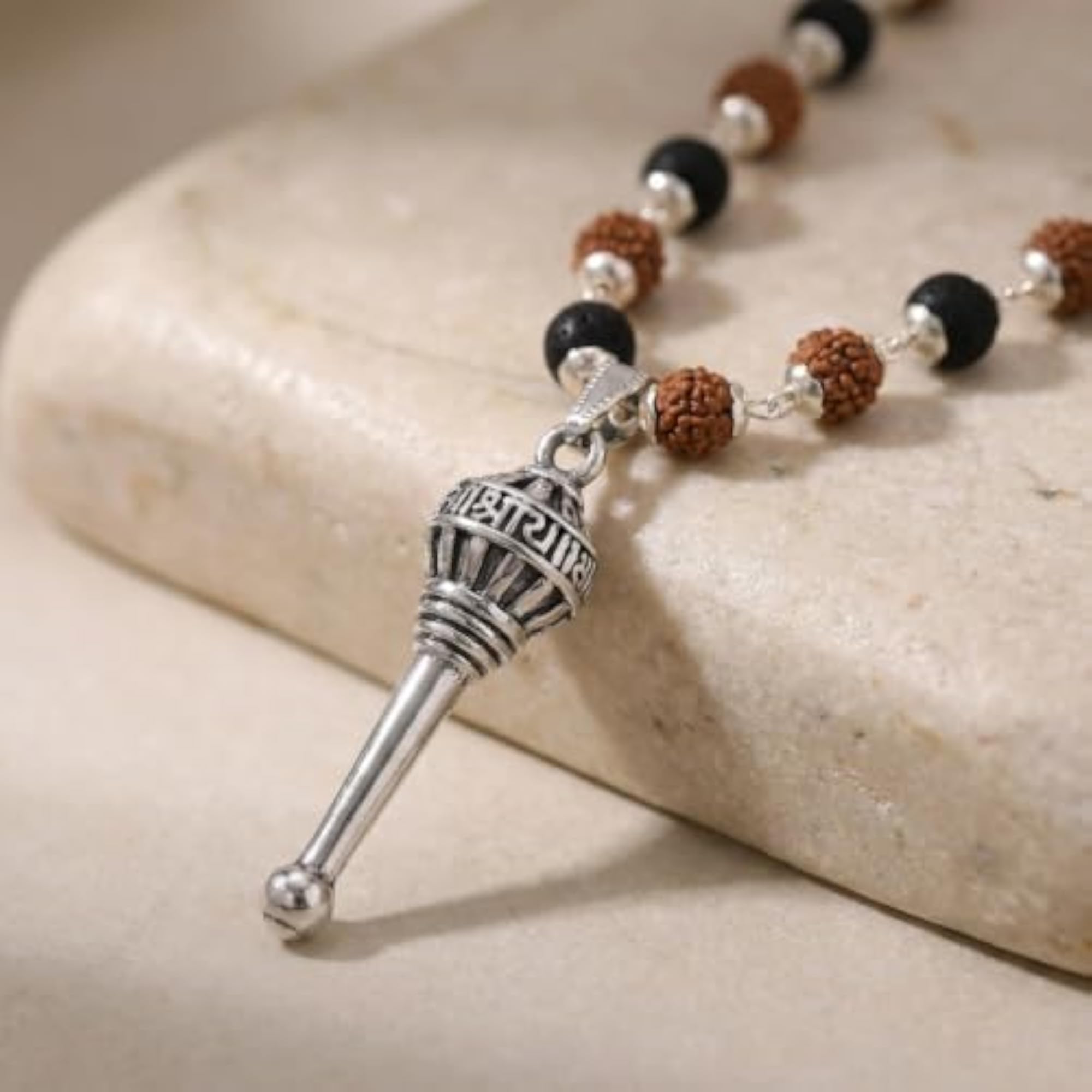 Men's Gada Karungali Rudraksha Malai with Silver Plated Pendant