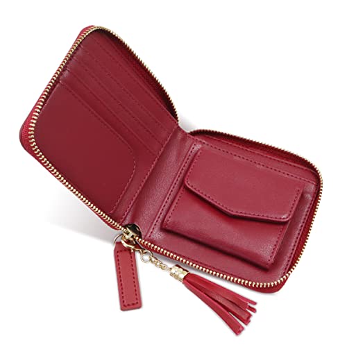 Kleine Geldbörse mit Reißverschluss, mehrere Fächer, Damen, RIFD blockierend, klein, kompakt, faltbar, Ledertasche, Mini-Reißverschluss, Kartenhalter für Damen und Herren, rot, Kleine Geldbörse Cover