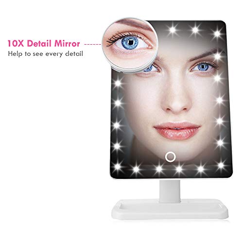 20 LED Makeup Mirror with Removable 10x Magnifying Mirror -Touch Screen Dimmable Vanity Mirror Illuminated Cosmetic Mirror with Bidirectional Rotation - Beauty Mirror (white)