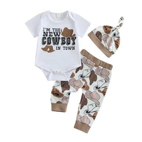 Kayotuas Western Baby Boy Clothes Newborn Cowboy Outfit Letter Romper Cowboy Boot Pants Hat 3 Piece Coming Home Clothing Set (White, 3-6 Months)