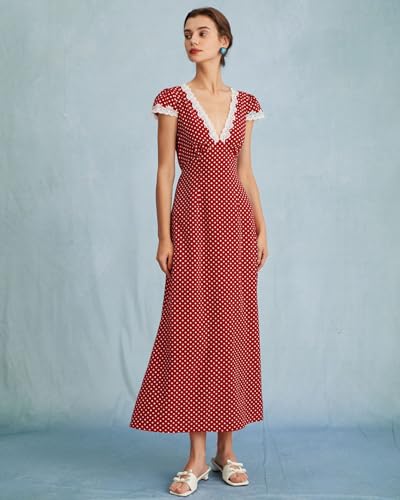 Women Summer Dresses Deep V Neck Polka Dot Prined Splice Lace Dress Elegant Cotton for Party3