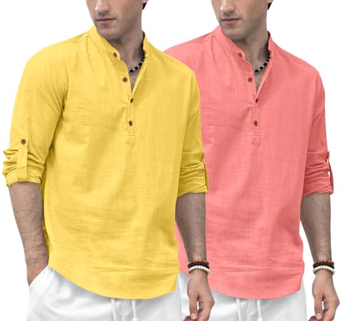 Image of Zombom Men's Combo Cotton Polyester Blend Solid Full Sleeve Straight Regular Fit Mandarin /Chinese Collor Kurta (Pack of 2)