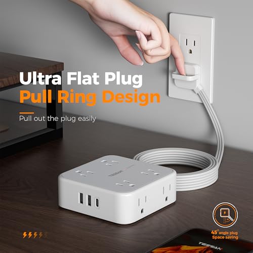 Image of TESSAN Surge Protector Power Strip, 10 Ft Flat Plug Extension Cord with 3 USB (1 USB C) 8 Outlets, 1250W, 900J Protection, 3 Sided Outlet Extender with Ring Plug for Office, Dorm Room, Grey