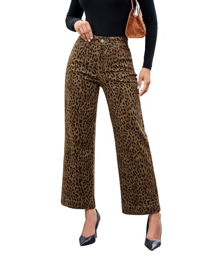 luvamia Wide Leg Jeans Woman Trendy High Waisted Cheetah Print Leopard Pants Bell Bottom Ankle Length Country Concert Outfits for Women Jeans High Waist Soft Stretch Brown Cheetah Size Medium 8 to 10