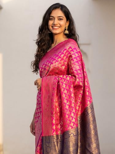 Image of AKHILAM Women's Kanjivaram Woven Soft Silk Saree With Blouse Piece