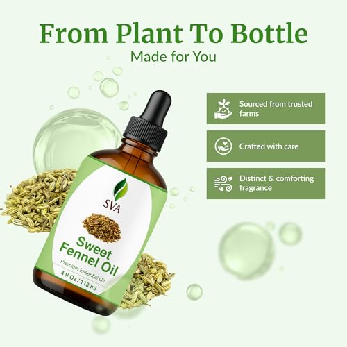 Image of SVA Sweet Fennel Essential Oil, Glass Bottle with Dropper, 4 Fl Oz (118 ml) | Sweet Fennel Essential Oil for Diffuser, Skin Care, Hair Care, Massage, Soap Making, Perfume Making, Fragrance & DIY Blending