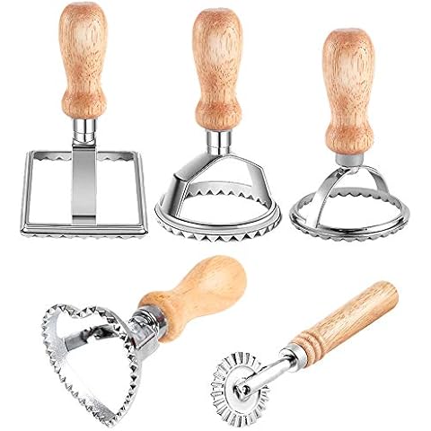 5Pcs Ravioli Stamp Set, Ravioli Cutters with Wooden Handle and Fluted Edge Pastry Cutter Dumpling Maker for Making Ravioli, Empanadillas or Cookies Cover