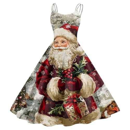Weihnachtskleid Damen Lustig, Kleid Weihnachten Damen, Mit Spaghetti Träger Weihnachts Kleider Weihnachtsman Muster Tunikakleid Vintage Swing...