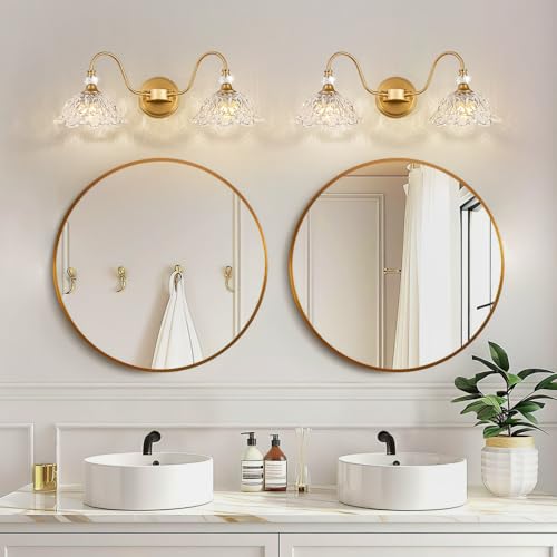 Image of Vintage Bathroom Vanity Light, 2-Light Matte Brass Finish Vanity Light with Floral Clear Glass Shades, Retro Wall Sconce for Bathroom, Dressing Table