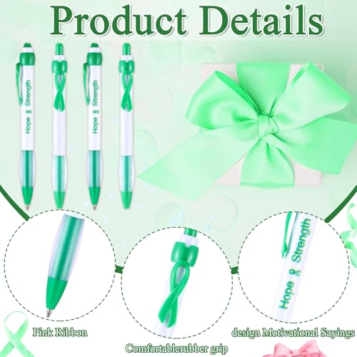Image of Qilery 120 Pcs Liver Cancer Awareness Items Gifts Set Include Hope Strength Retractable Pens, Liver Cancer Awareness Bracelets, Ribbon Lapel Pins, Organza Bag Bulk for Event Charity Party(Green)