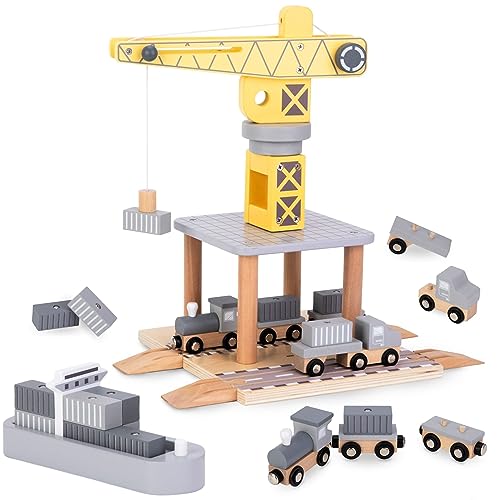 Mamabrum Hafenkran Spielset mit Magnetwinde, Holz-LKW, Lokomotive, Waggons,...
