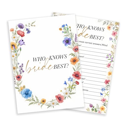Mueddur Wildflowers Wedding Games Cards, Who Knows Bride Best Games, Spring Flowers Theme Bridal Shower Game, Bachelorette Party Supplies Engagement Party Favors, Boho Bridal Shower Decorations -06