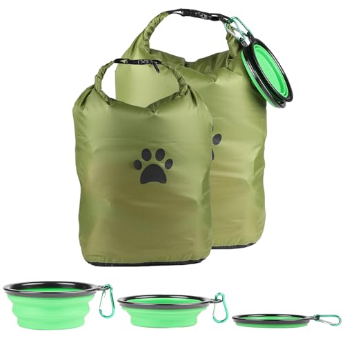 Bolsas de almacenamiento de alimentos para mascotas (paquete de 2), contenedor de viaje de comida para perros, transportador portátil de comida para perros, con 2 cuencos plegables de viaje para