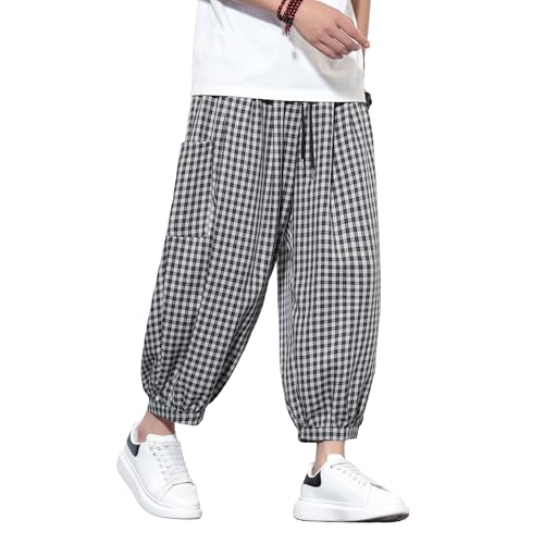 Tripleberly Mens Capri Pants Wide Leg Baggy Harem Pants Men Drawstring Elastic Waist 3/4 Capri Shorts Blow Knee with Pockets Cropped Trousers2