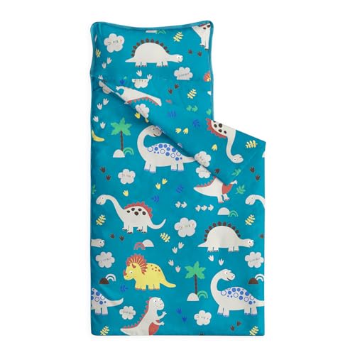 Image of Wake In Cloud - Toddler Nap Mat with Pillow and Blanket, 100% Cotton Fabric, for Kids Boys Ages 3 Plus in Daycare Kindergarten Preschool, Roll Up Sleeping Bag, Cute Dinosaurs