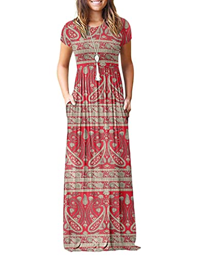 Image of MISFAY Women's Short Sleeve Maxi Dresses Long Casual Dresses with Pockets | Empire Elastic Waist, Crew Neck, Floor Length, Strentchy Flowy A Line Fit, Loose Plain Summer Outfits, Vacation Wear