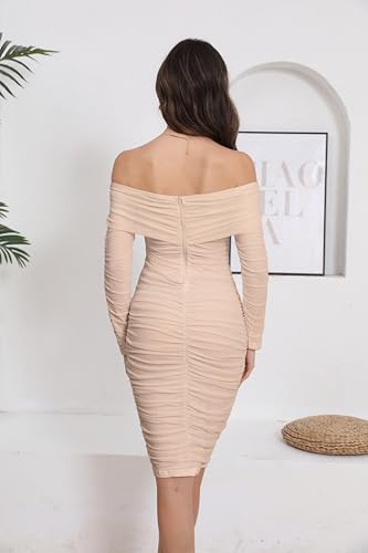 Image of Fooullaide Women's Sexy Off Shoulder Sleeveless Bodycon Ruched Midi Dress | Stretchy, Breathable, Mesh, Not See-Through, Elegant,Formal Gown, Cocktail, Evening, Party, Night Out Tube Dresses