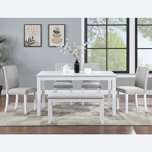 Image of KEIKI 6-Piece Standard Height Dining Table Set with Rectangular Table, 4 Upholstered Chair, Bench, for 6 Person, Modern Crystal Decoration Table Set, Easy Assembly, for Kitchen, Dining Room, White