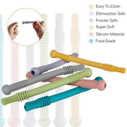 Fu Store Hollow Teether Tube Chew Straw Sensory Toy for Infant Toddlers Silicone Tubes Teething Toys for Babies 18-36 Months Gifts Learning Developmental Toys BPA Free Freezable 6 Pack - Thumbnail 2