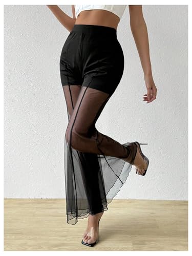 Women's Sheer Mesh Flare Pants Elastic Waist Flowy Bell Bottoms Elegant Long Trousers4