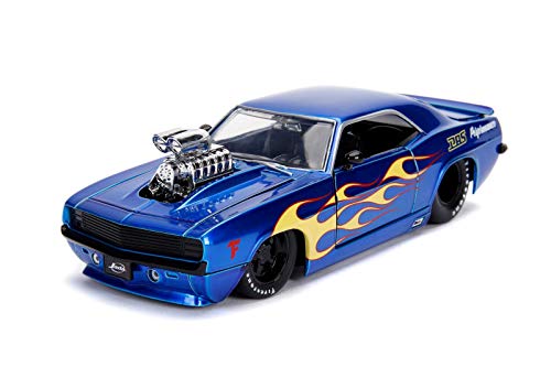 1969 Chevrolet Camaro with Blower Candy Blue and Yellow Flames Bigtime Muscle Series 1/24 Diecast Model Car by Jada 30708