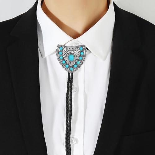 Image of AZORA Western Cowboy Bolo Tie Men Leather Necktie Leather Cord Turquoise Stone Bolo Ties for Men Women