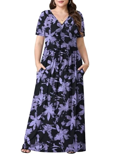 Image of PEVRL Plus Size Summer Maxi Dress for Curvy Women with Pockets 1X-5X | Short Sleeve, Twisted Front V-Neck, Summer Casual A Line Flowy Dress, Empire Waist Floral Print Beach Vacation Long Dress